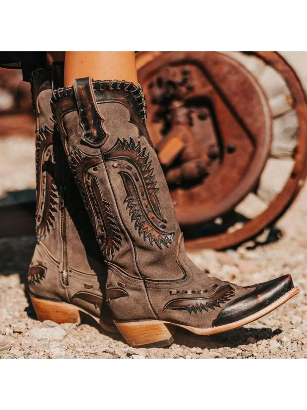 Women's Dark Brown Swallow Chunky Low Heels Western Cowboy Knee High Boots